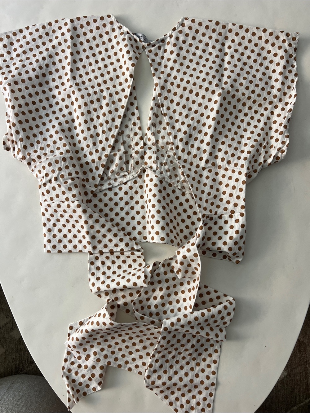 ZARA Linen Blend Polka Dot Crop Deep V Neck Tie Back Blouse Top White Mustard M - Picture 5 of 8